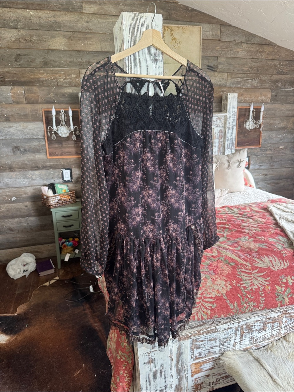 Free People Black & Mauve Floral Lace-Trim Long Sleeve Dress